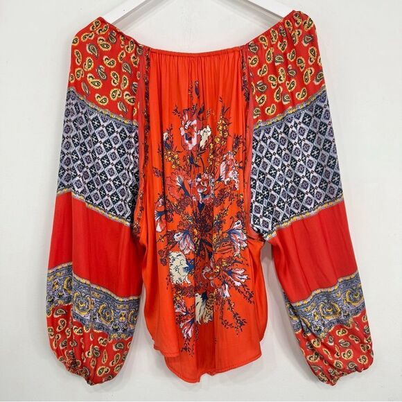 Free People Positano Cherry Combo Printed Flowy Off Shoulder Peasant Blouse - Picture 10 of 16